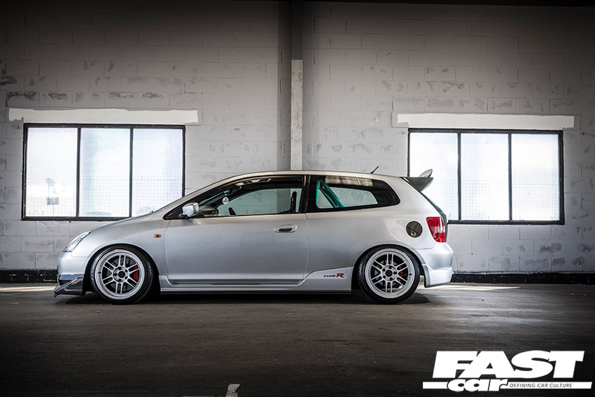 Side-profile shot of modified Honda Civic Type R EP3 after tuning