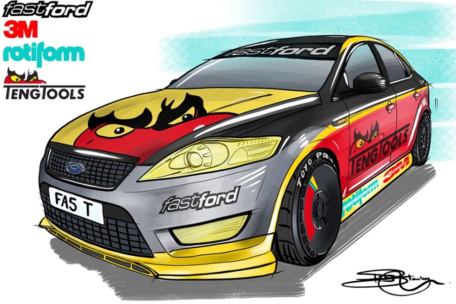 Sketch of a grey, red and yellow fastFord